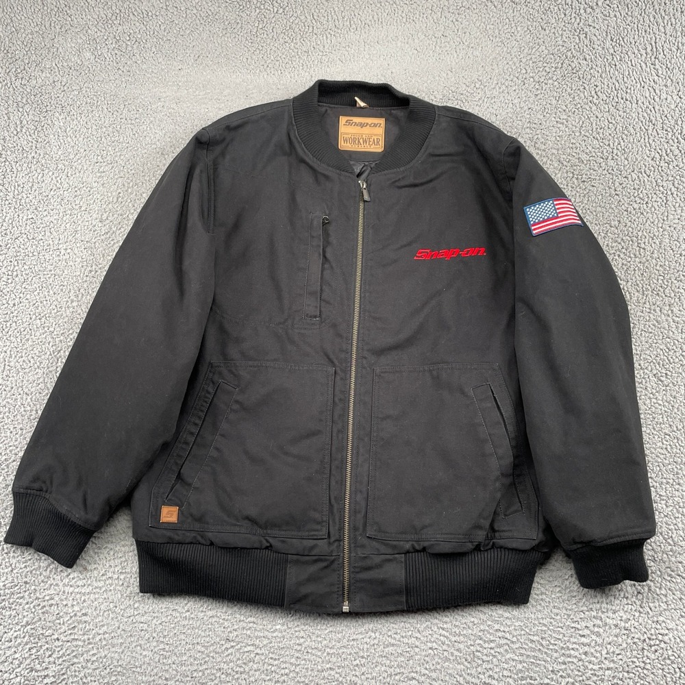 Snap-on Jacket Mens XL Black Workwear Bomber American Flag Patch Quilted Lining
